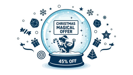Christmas Magical Offer: An inviting illustration of a snow globe with seasonal decorations, promoting a special Christmas offer of 45% off, ideal for holiday sales and marketing.