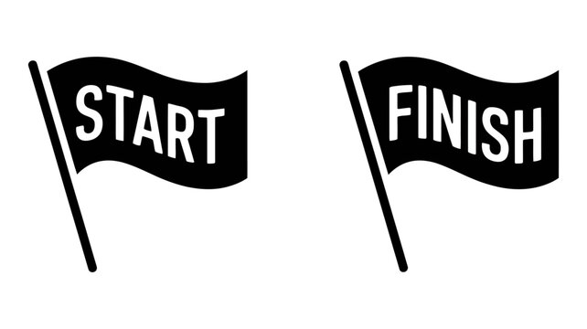 Start and finish line flags in black, representing the beginning and end of a race, project, or journey, isolated on white background.