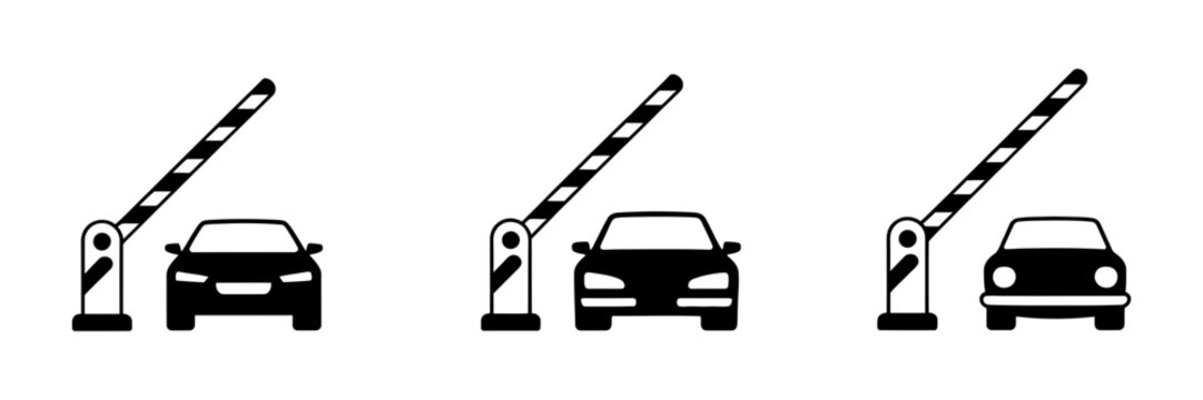 Car approaching an open barrier gate icon set. simple black vector illustrations for parking, toll, and access control systems graphics.