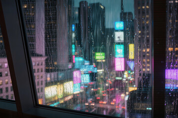 City skyline at night with colorful lights seen through a rain-soaked window in a busy urban setting Generative AI
