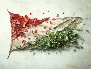 Flag made of red leaves and green vines on a beige cloth against a white textured background surface