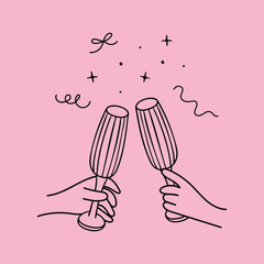 Clinking champagne glasses in hands with festive doodles. Hands raising glasses to toast. Vector outline illustration