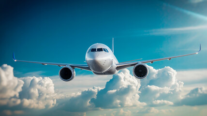 Fototapeta premium Commercial passenger airplane flying through bright blue sky above white fluffy clouds