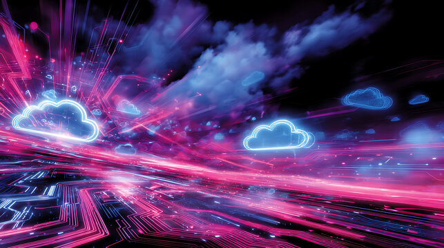 Neon cloud network flow with digital circuit pathways abstract technology