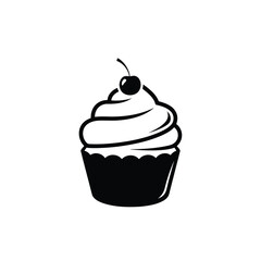 Black and white icon of a cupcake with frosting and cherry