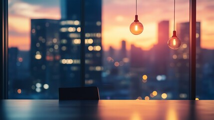 Stunning city view at sunset from modern office with warm light, perfect for corporate presentations or inspirational business content