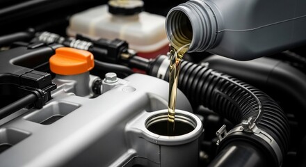 Pouring fresh motor oil into a car engine for essential vehicle maintenance and optimal performance, ensuring a smooth drive with preventative care