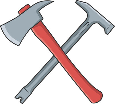 Cartoon depiction of a crossed axe and halligan tool, representing firefighting.