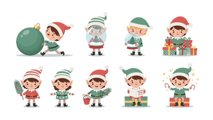 Whimsical Christmas Elf Collection: A delightful ensemble of animated elves, each showcasing unique charm and festive details. Perfect for holiday themes and creative projects.