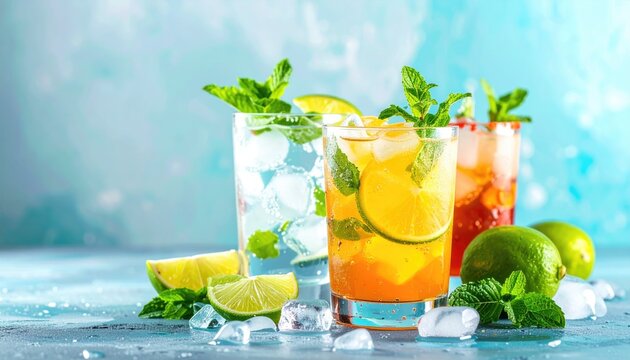 Tropical themed cocktail event featuring refreshing summer drinks with gin tequila vodka lime mint and ice 