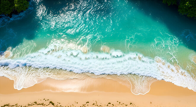 Aerial view of turquoise ocean meeting golden sandy beach – tropical shoreline