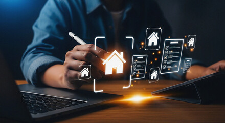 Digital Real Estate Search: Person Using a Stylus to Select a House Icon from a Futuristic Interface with Multiple Property Listings and Technology