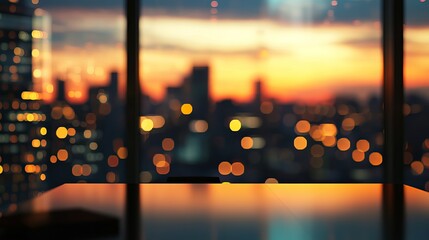 Inspiring cityscape sunset view from modern office window creates a sense of ambition and success for business professionals and urban lifestyles
