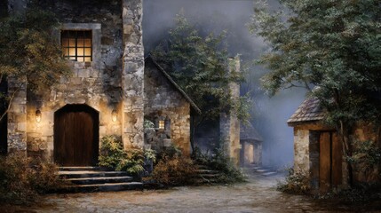 Small medieval village, stone houses with wooden doors and windows, in the forest at night, foggy weather, soft light, oil painting style, fantasy, realism, brushstroke.
