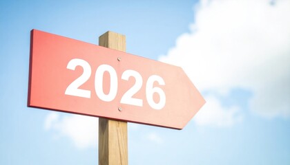 Text 2026 on red sign against blue sky 