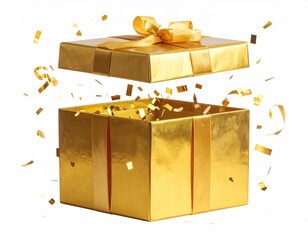 Golden gift box open with floating gold confetti