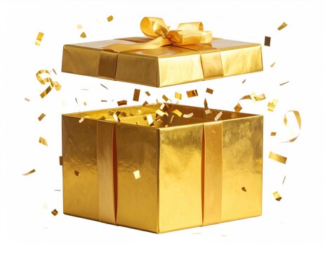 Golden gift box open with floating gold confetti - Powered by Adobe