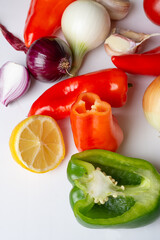  Fresh beautiful ripe organic vegetables against white background. flat lay