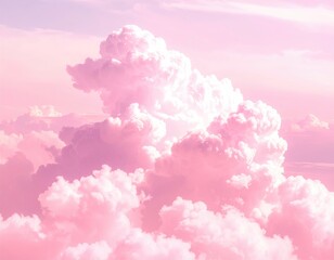 Fluffy pink clouds dominate a serene, pastel sky