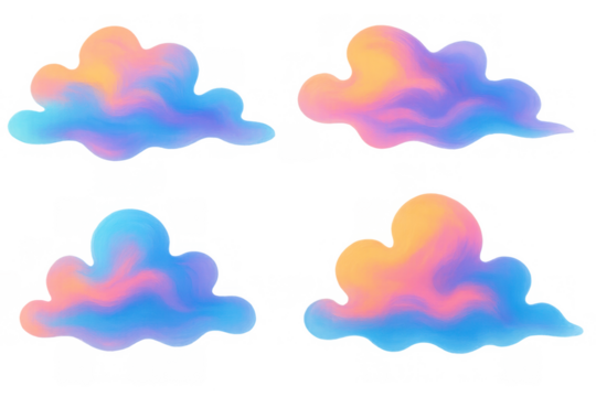 Pastel gradient clouds floating in dreamlike abstract sky, presenting soft vapor and colorful fluid shapes on transparent background