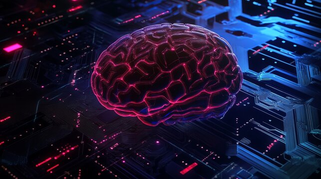 Futuristic brain illustration representing artificial intelligence and neural networks in a vibrant digital landscape for technology innovation projects