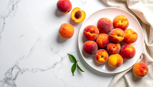 Close-up of fresh, ripe peaches on a white plate and marble