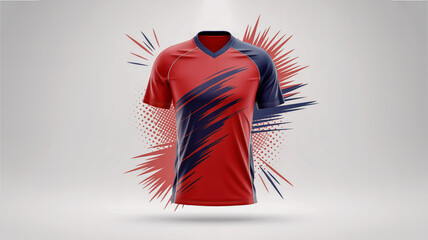 Modern red and dark blue sports jersey with abstract graphic design on white background