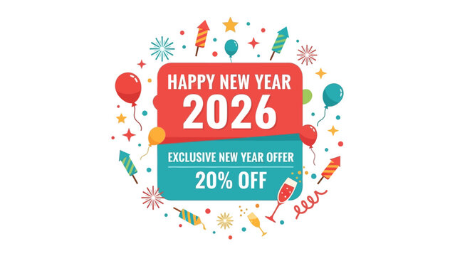 New Year Offer 2026: An eye-catching promotional graphic announces Happy New Year 2026, enticing viewers with an Exclusive New Year Offer of 20% off, all in a festive design with balloons, fireworks.