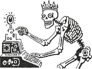 Fototapeta premium Skeleton king using vintage computer vector illustration depicting digital death concept in retro stipple dotwork style 