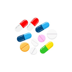 Assorted colorful pills and capsules, including red, blue, yellow, and white, arranged on a surface.