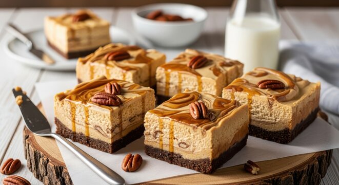 Peanut butter cheesecake Indulge in the creamy delight of pecan pie cheesecake squares, a fusion of classic flavors with a rich cheesecake filling and crunchy pecan topping.