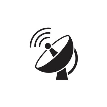 Black silhouette of a satellite dish antenna transmitting a signal, a simple flat vector icon.