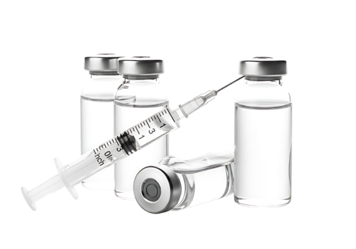 Syringe drawing clear liquid from medical vials isolated on transparent background