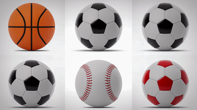 Collection of different sport balls including basketball, soccer, and baseball isolated on white background