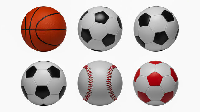 Collection of various sport balls including basketball soccer and baseball isolated on white background