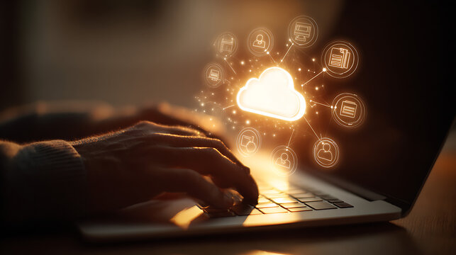 Person typing on laptop with glowing cloud network hands keyboard