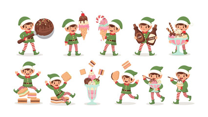 Sweet Elf's Confectionery Delights: Playful elves, each embodying the spirit of confectionary, showcase a dazzling array of treats.
