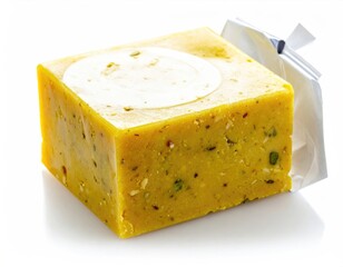Square block of turmeric-spiced cheese