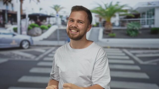 Man smiling broadly showing teeth on a street crosswalk with palm trees and a car in the scene; joy.