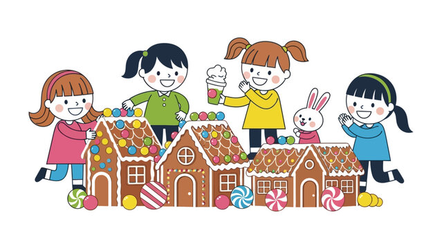 Whimsical Gingerbread Creations: Playful children collaborate to build and decorate vibrant gingerbread houses, their faces alight with the magic of creativity and shared joy.