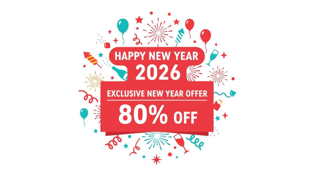 New Year Offer Promotion: A vibrant banner promoting a New Year sale with a focus on festive elements, announcing an attractive discount to attract customers.