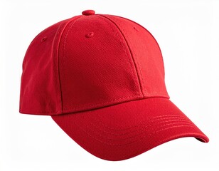 Red baseball cap, clear background, angled view, cap detail