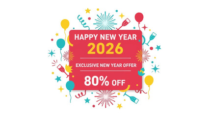 New Year 2026 Celebration: A vibrant celebratory graphic for the New Year, showcasing festive elements like champagne, confetti, and balloons.