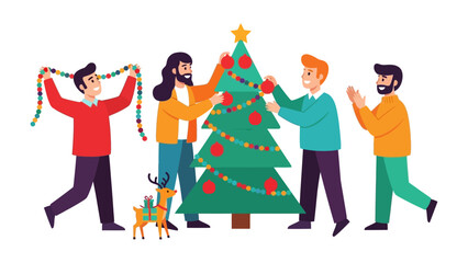 Holiday Spirit: A group of friends gathering and working together for Christmas decoration including ornaments, garlands, and a festive reindeer toy.