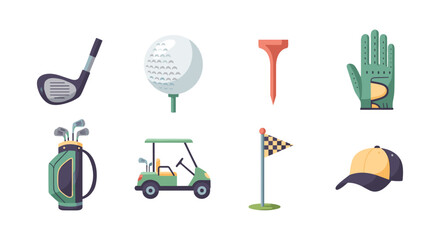 Golf equipment icons set featuring clubs, ball, tee, glove, and cart