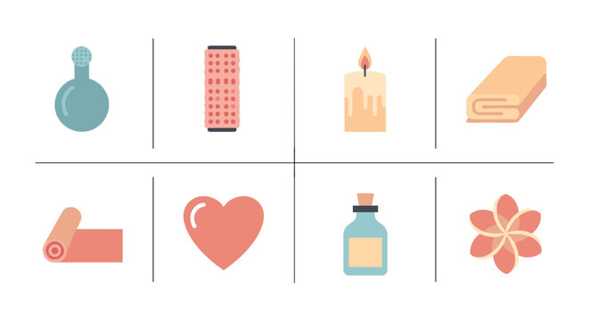 Wellness and relaxation icons set featuring candle, heart, and yoga mat in flat design - Powered by Adobe