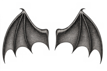 Pair of fantasy dragon or bat wings digitally drawn with a gothic style, isolated on transparent background
