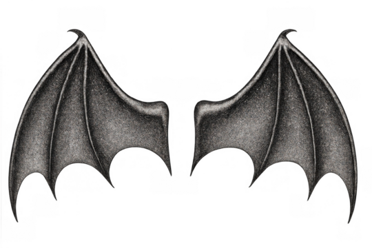 Pair of fantasy dragon or bat wings digitally drawn with a gothic style, isolated on transparent background