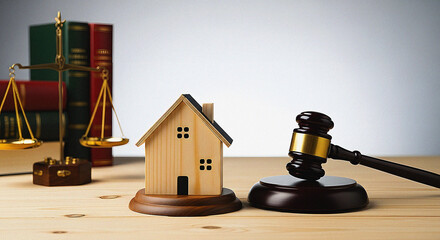 Real Estate Law and Justice: Miniature Wooden House with Gavel, Scales of Justice, and Legal Books Symbolizing Property Disputes and Legal Services