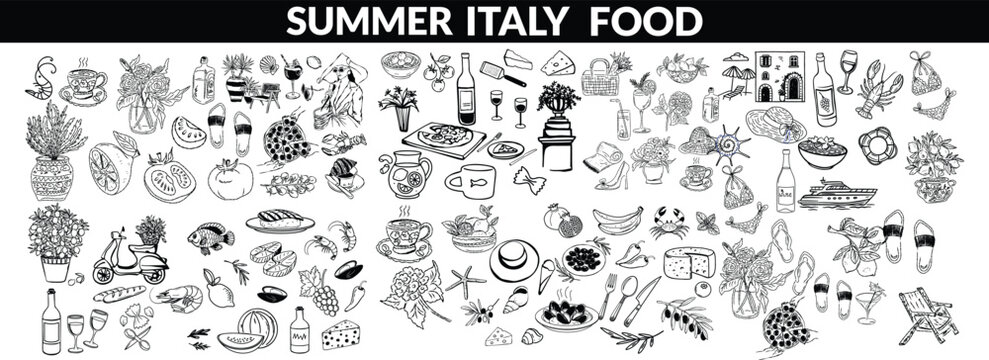 Summer Italy food print, hand drawn travel Mediterranean icon set Italian vintage vacation emblem. Traditional cuisine elements, Amalfi lemon silhouette wine glass bottle. Italy summer bis set design